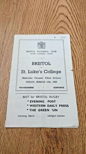 Bristol v St Luke's College Mar 1965 Rugby Programme