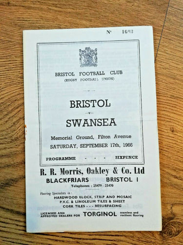 Bristol v Swansea Sept 1966 Rugby Programme