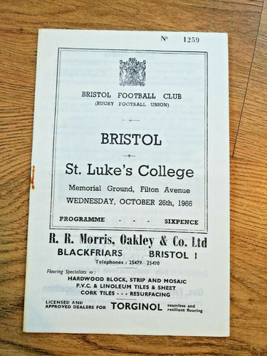 Bristol v St Luke's College Oct 1966 Rugby Programme