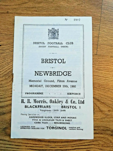 Bristol v Newbridge Dec 1966 Rugby Programme
