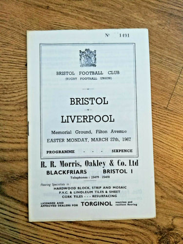 Bristol v Liverpool Mar 1967 Rugby Programme