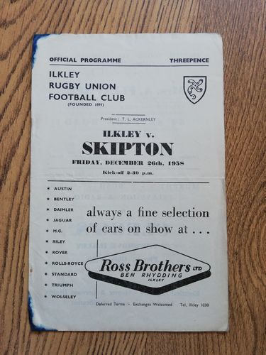 Ilkley v Skipton Dec 1958 Rugby Union Programme