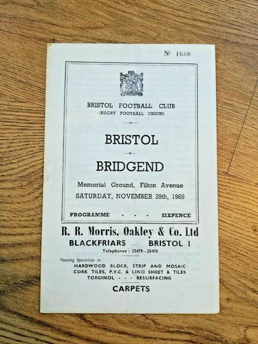 Bristol v Bridgend Nov 1969 Rugby Programme