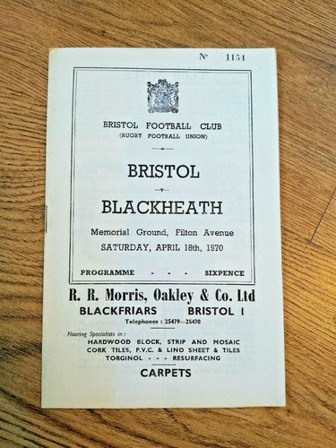 Bristol v Blackheath Apr 1970 Rugby Programme