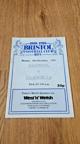 Bristol v Llanelli Dec 1987 Rugby Programme