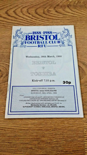 Bristol v Toshiba Mar 1988 Rugby Programme