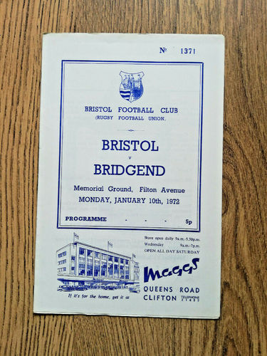 Bristol v Bridgend Jan 1972 Rugby Programme