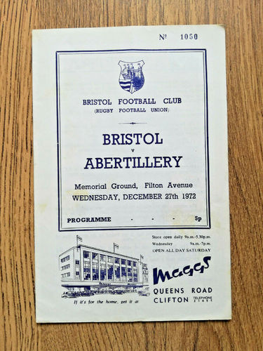 Bristol v Abertillery Dec 1972 Rugby Programme