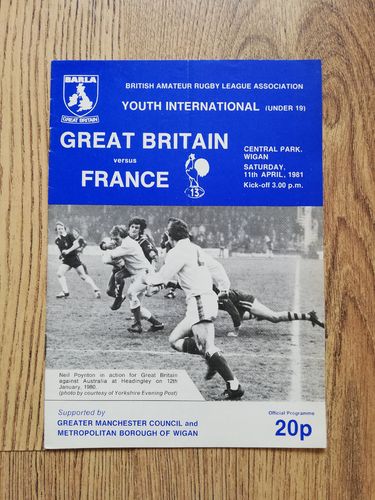 Great Britain Youth v France Youth Apr 1981 Rugby League Programme