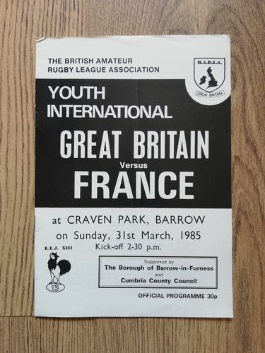 Great Britain Youth v France Youth Mar 1985 RL Programme