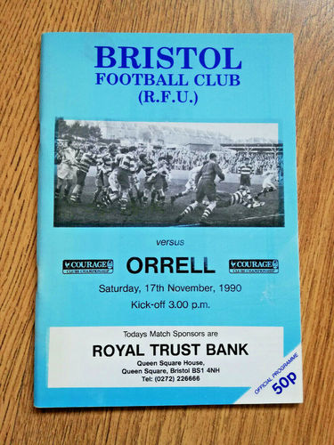 Bristol v Orrell Nov 1990 Rugby Programme