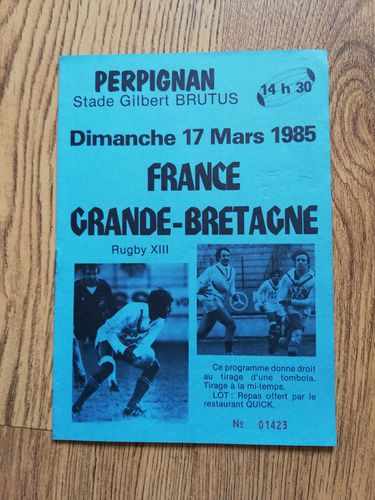 France v Great Britain Mar 1985 Rugby Leauge Programme