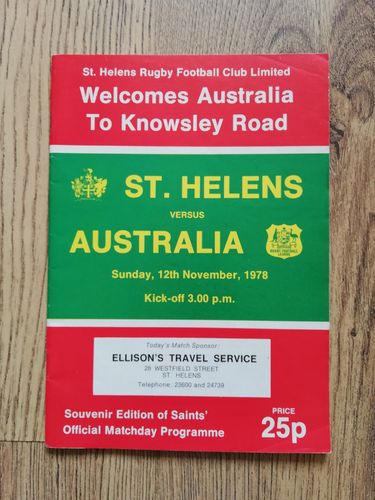 St Helens v Australia Nov 1978 Rugby League Programme