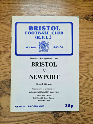 Bristol v Newport Sept 1985 Rugby Programme