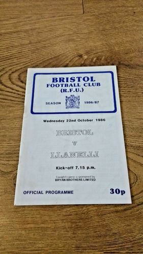 Bristol v Llanelli Oct 1986 Rugby Programme