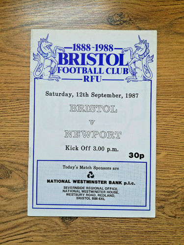 Bristol v Newport Sept 1987 Rugby Programme