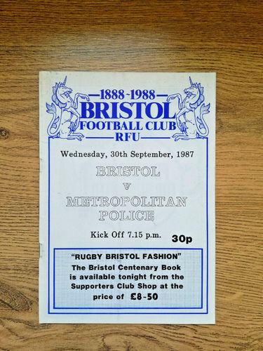 Bristol v Metropolitan Police Sept 1987 Rugby Programme