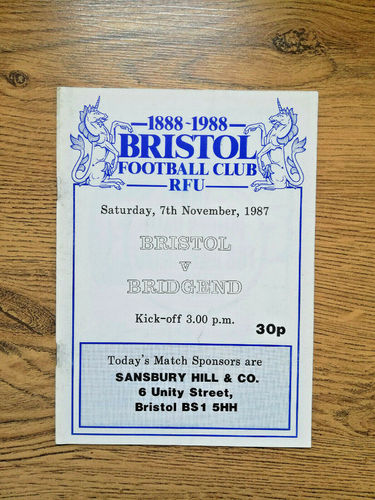 Bristol v Bridgend Nov 1987 Rugby Programme