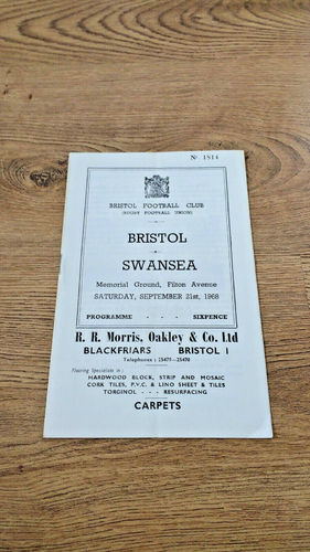 Bristol v Swansea Sept 1968 Rugby Programme