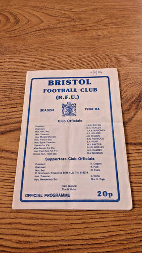 Bristol v Cardiff Feb 1984 Rugby Programme
