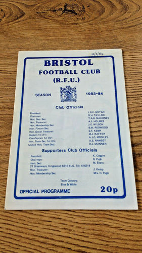 Bristol v Plymouth Albion Mar 1984 Rugby Programme