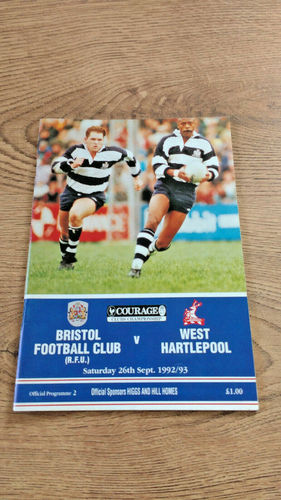 Bristol v West Hartlepool Sept 1992 Rugby Programme