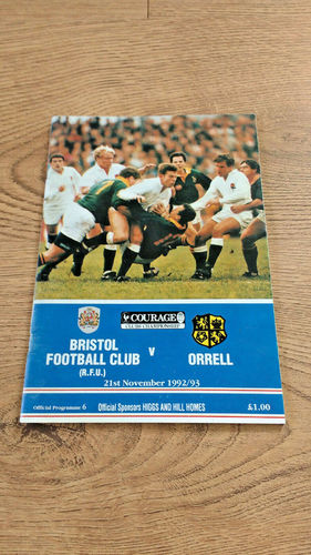 Bristol v Orrell Nov 1992 Rugby Programme