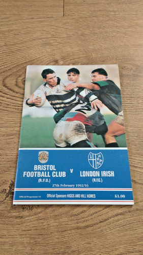 Bristol v London Irish Feb 1993 Rugby Programme