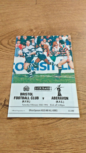 Bristol v Aberavon Feb 1994 Rugby Programme
