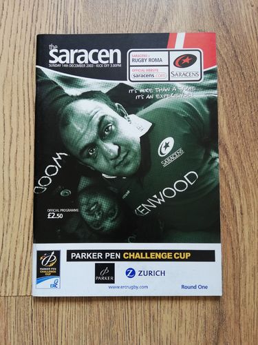 Saracens v Rugby Roma Dec 2003 European Challenge Cup Rugby Programme