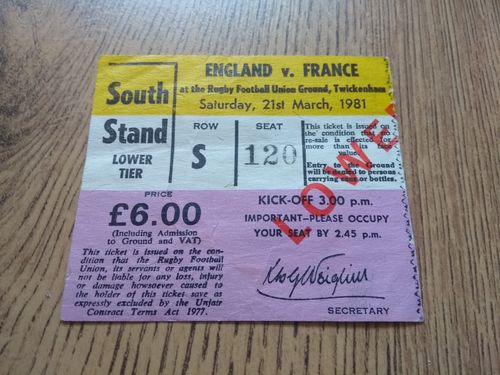 England v France Mar 1981 Used Rugby Ticket