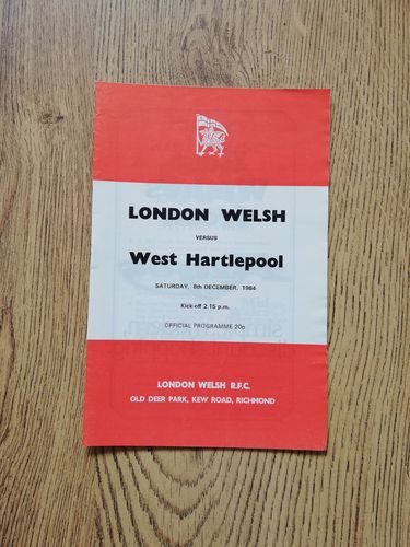 London Welsh v West Hartlepool Dec 1984 Rugby Programme
