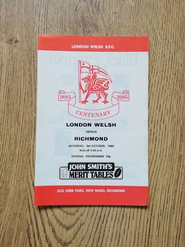 London Welsh v Richmond Oct 1985 Rugby Programme
