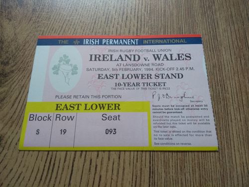 Ireland v Wales Feb 1994 Rugby Ticket