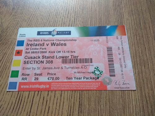 Ireland v Wales Mar 2008 Rugby Ticket