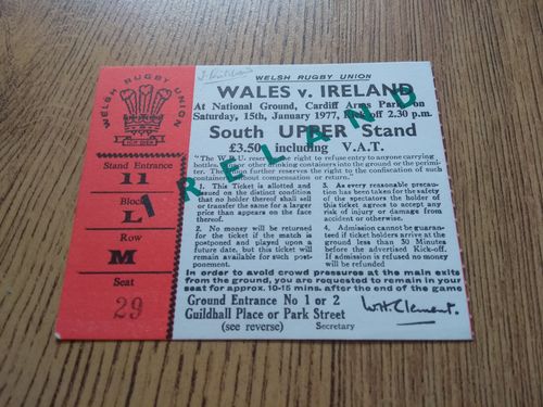 Wales v Ireland Jan 1977 Rugby Ticket