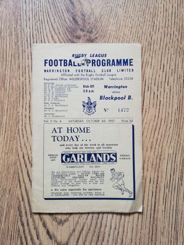Warrington v Blackpool Borough Oct 1957 Rugby League Programme