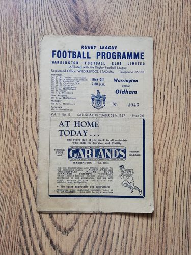 Warrington v Oldham Dec 1957 Rugby League Programme