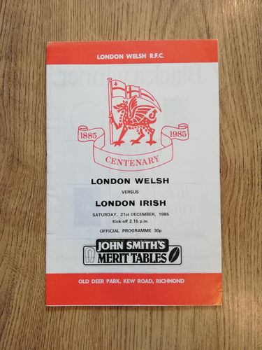 London Welsh v London Irish Dec 1985 Rugby Programme