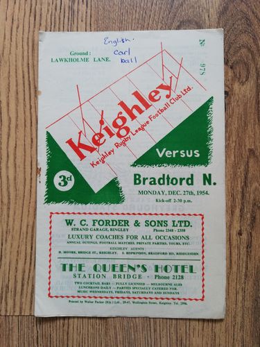 Keighley v Bradford Dec 1954 Rugby League Programme