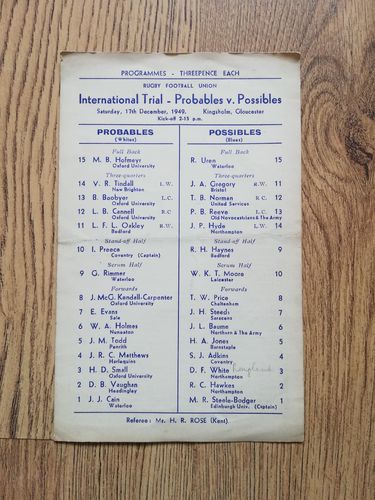 Probables v Possibles Dec 1949 England Trial Rugby Programme