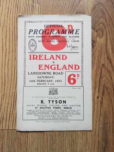 Ireland v England 1953 Rugby Programme
