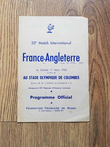 France v England Mar 1958 Rugby Programme