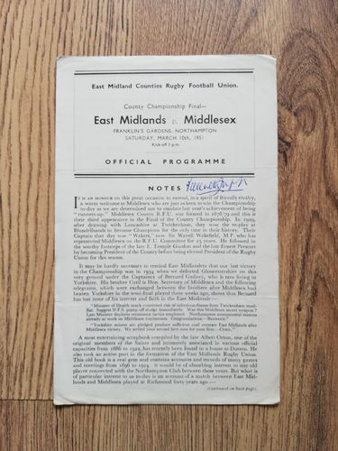 East Midlands v Middlesex Mar 1951 County Championship Final Rugby Programme