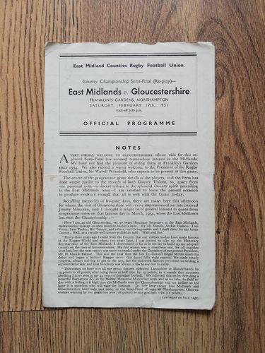 East Midlands v Gloucestershire 1951 County Championship S-F Replay Rugby Programme