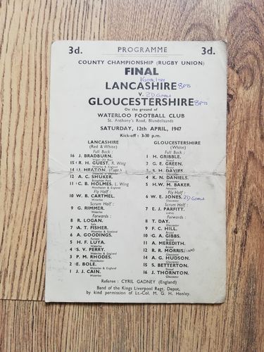 Lancashire v Gloucestershire Apr 1947 County Championship Final Rugby Programme