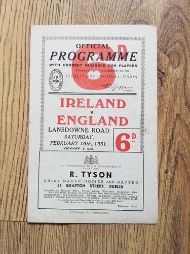 Ireland v England 1951 Rugby Programme