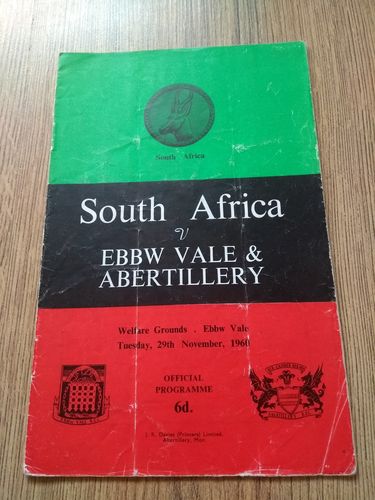 Ebbw Vale & Abertillery v South Africa Nov 1960 Rugby Programme