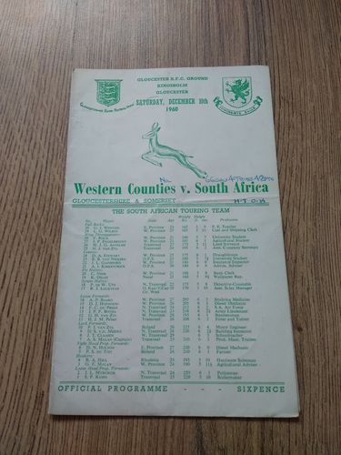 Western Counties v South Africa Dec 1960 Rugby Programme