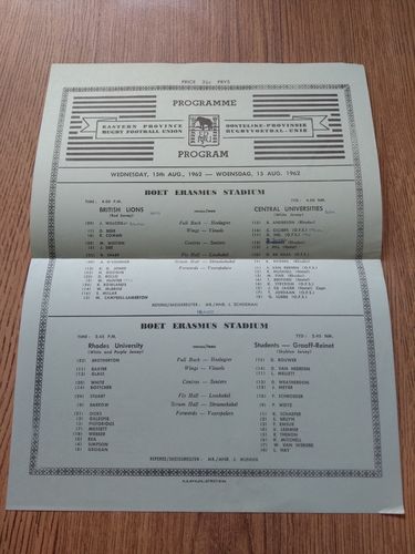 Central Universities v British Lions Aug 1962 Rugby Programme